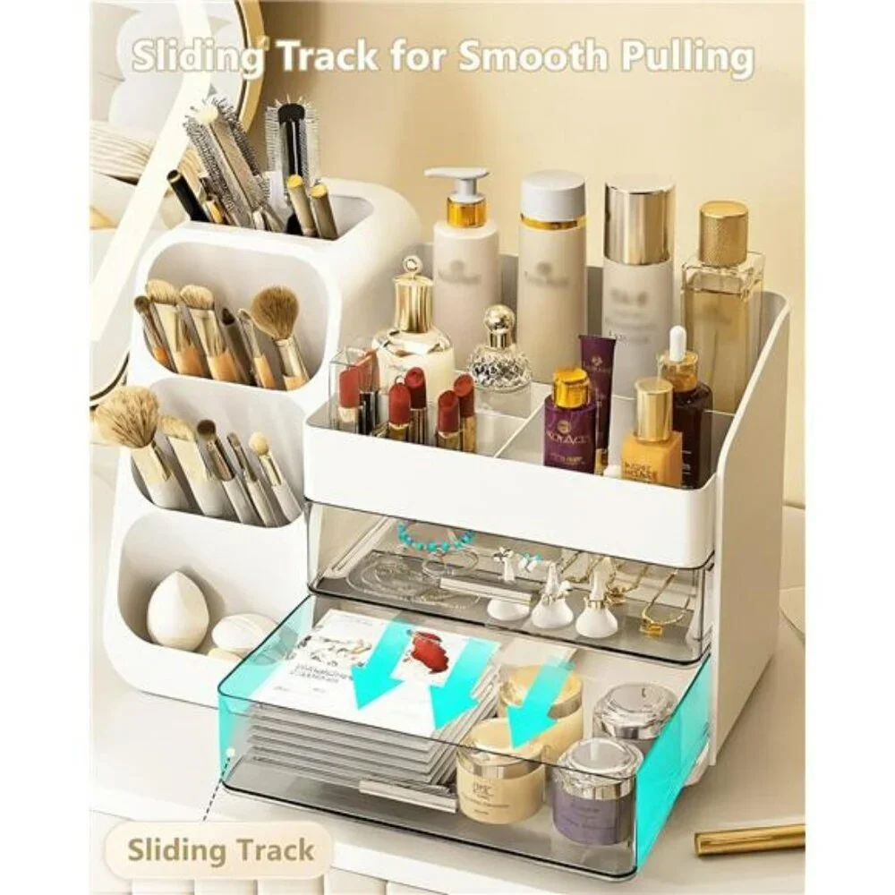 Large Makeup Organizer with Drawers Vanity Skincare Storage Box White
